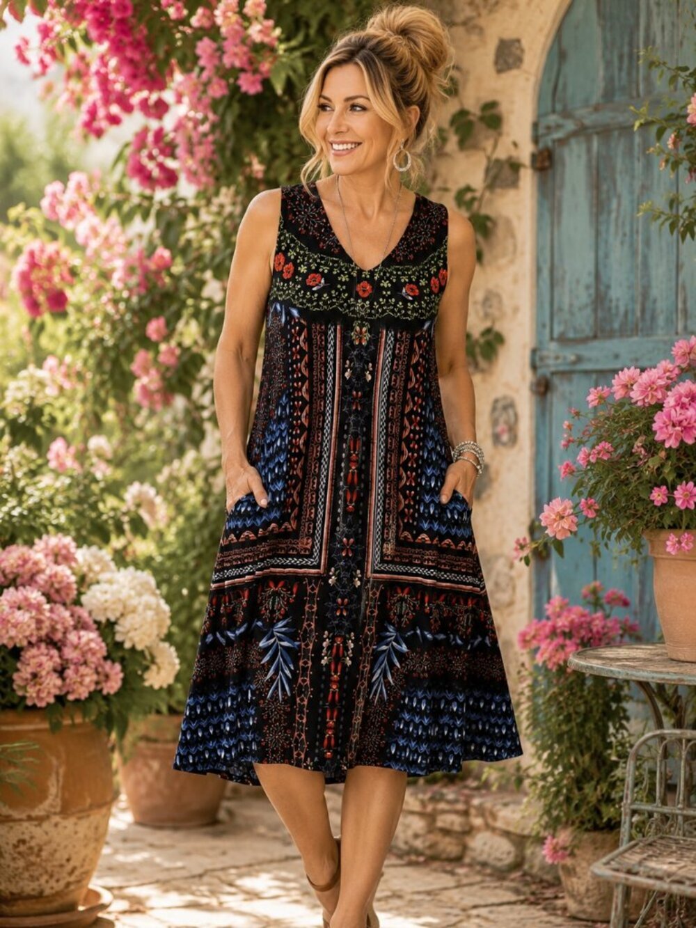 Premise Large Boho Sleeveless Swing Dress | Black Floral Border Print Boutique M